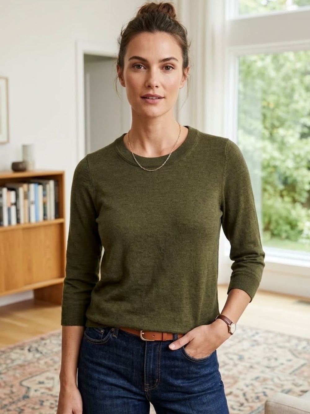 J. Crew 100% Fine Merino Wool Crewneck Sweater Luxury Classic Cozy Green M